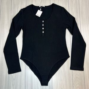 *NWT* Mangopop Women's Long Sleeve Ribbed Black Bodysuit Size XL